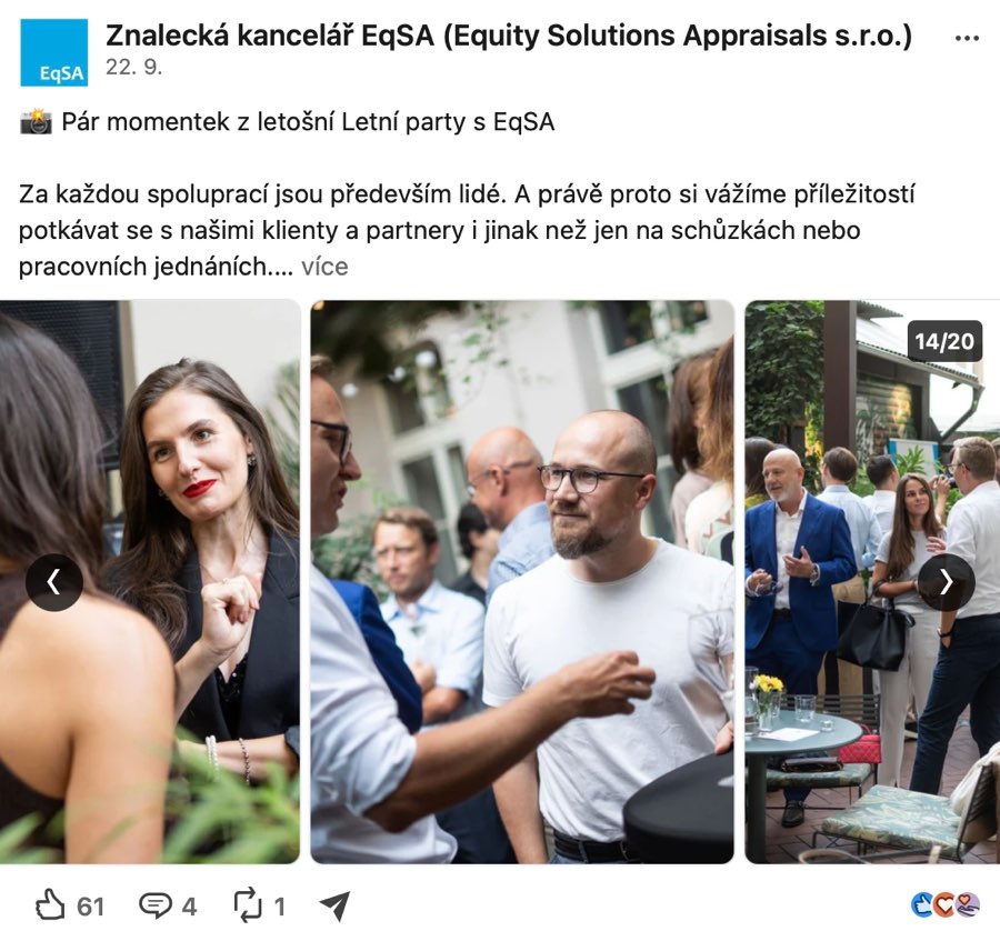 Příspěvek EqSA na LinkedInu s fotkami z Letní party